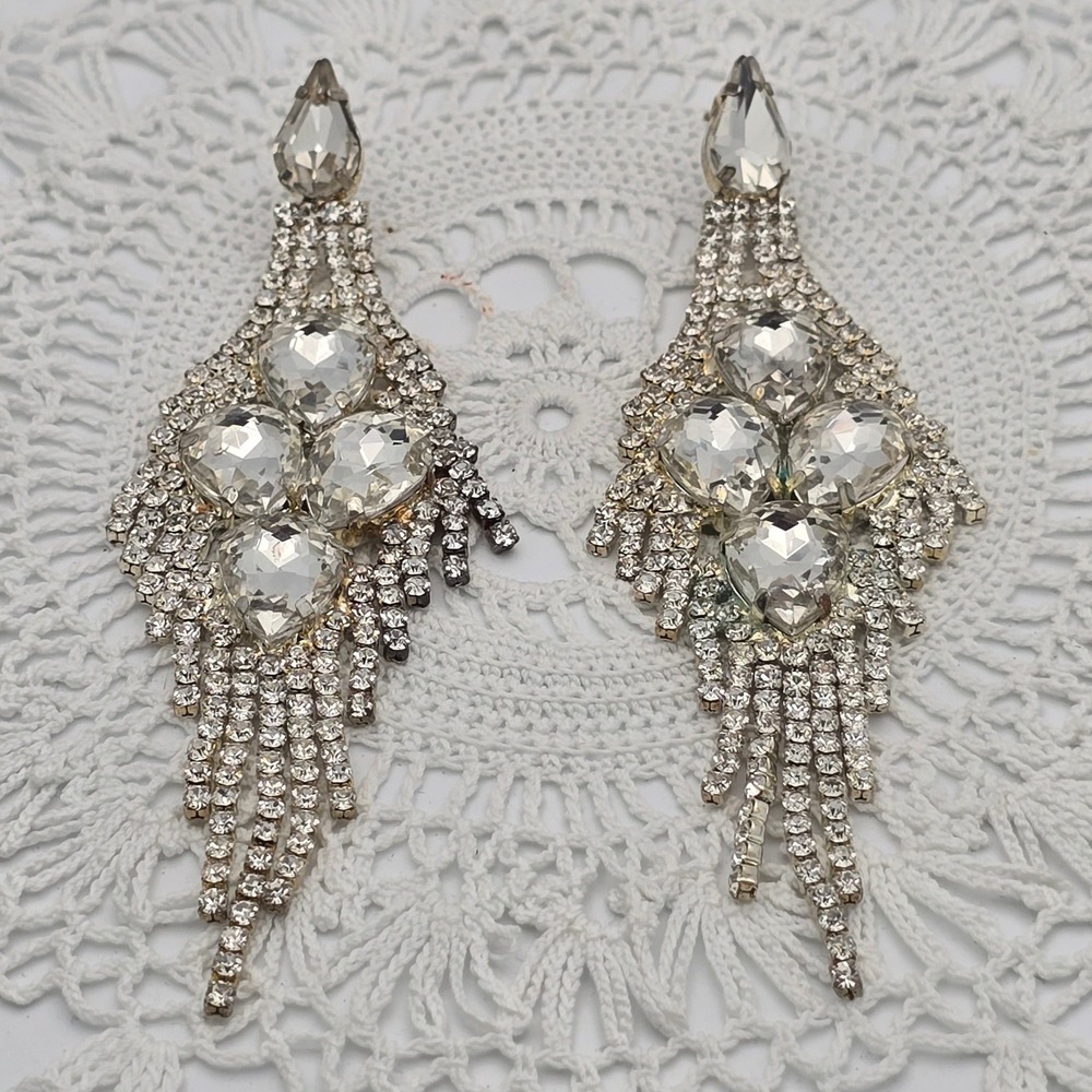 Silver Rhinestone Chandelier Shoulder Duster Earrings Pageant Prom Statement